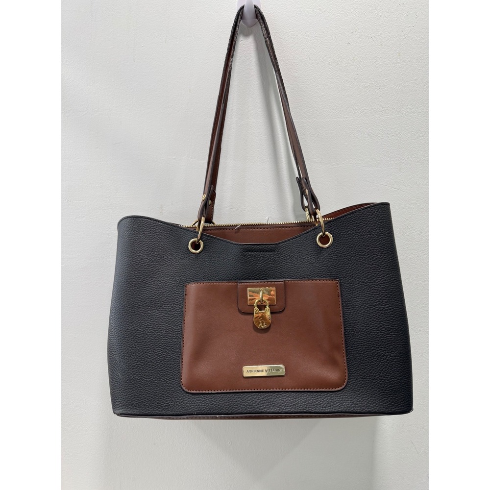 Adrienne Vittadini Tote Bag Women Large Black Brown Faux Leather Lock Detail